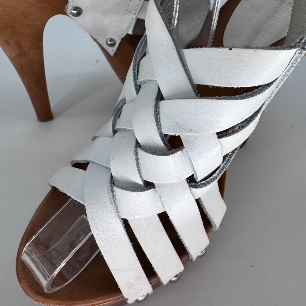 White Leather Woven Y2K Platform Heels Slingback Sandals Size 7 - Picture 9 of 13